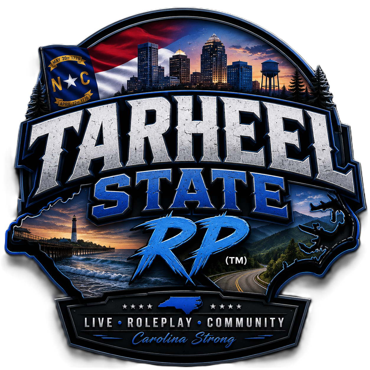Original Tarheel State RP logo with North Carolina flag, skyline, coast and mountains; Live, Roleplay, Community — Carolina Strong